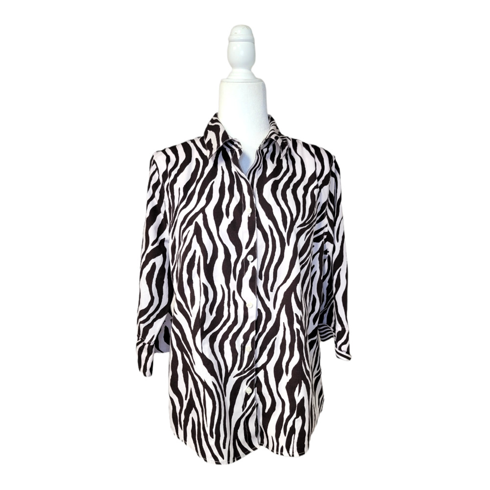 Chicos Sz 2 Large Effortless Gabrielle  Collared Blouse Animal Stripe No Iron